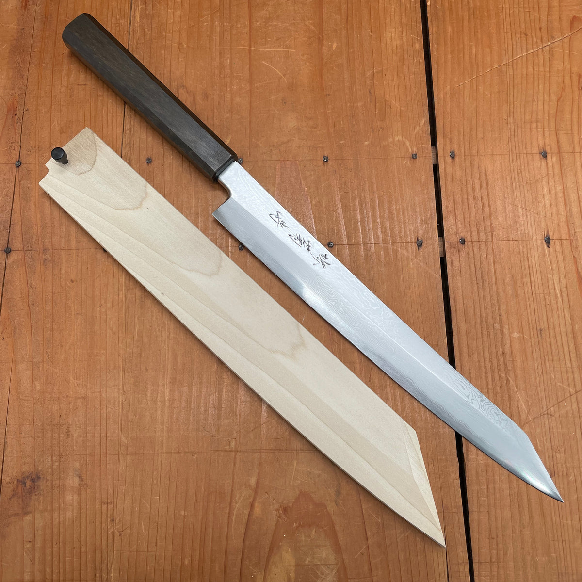 Sakai Kikumori Nakagawa V10 270mm Kiritsuke Yanagi VG10 Damascus Oak Handle with Saya