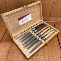 Au Sabot Laguiole Steak Knife Set 6 Mixed Wood In Oak Box