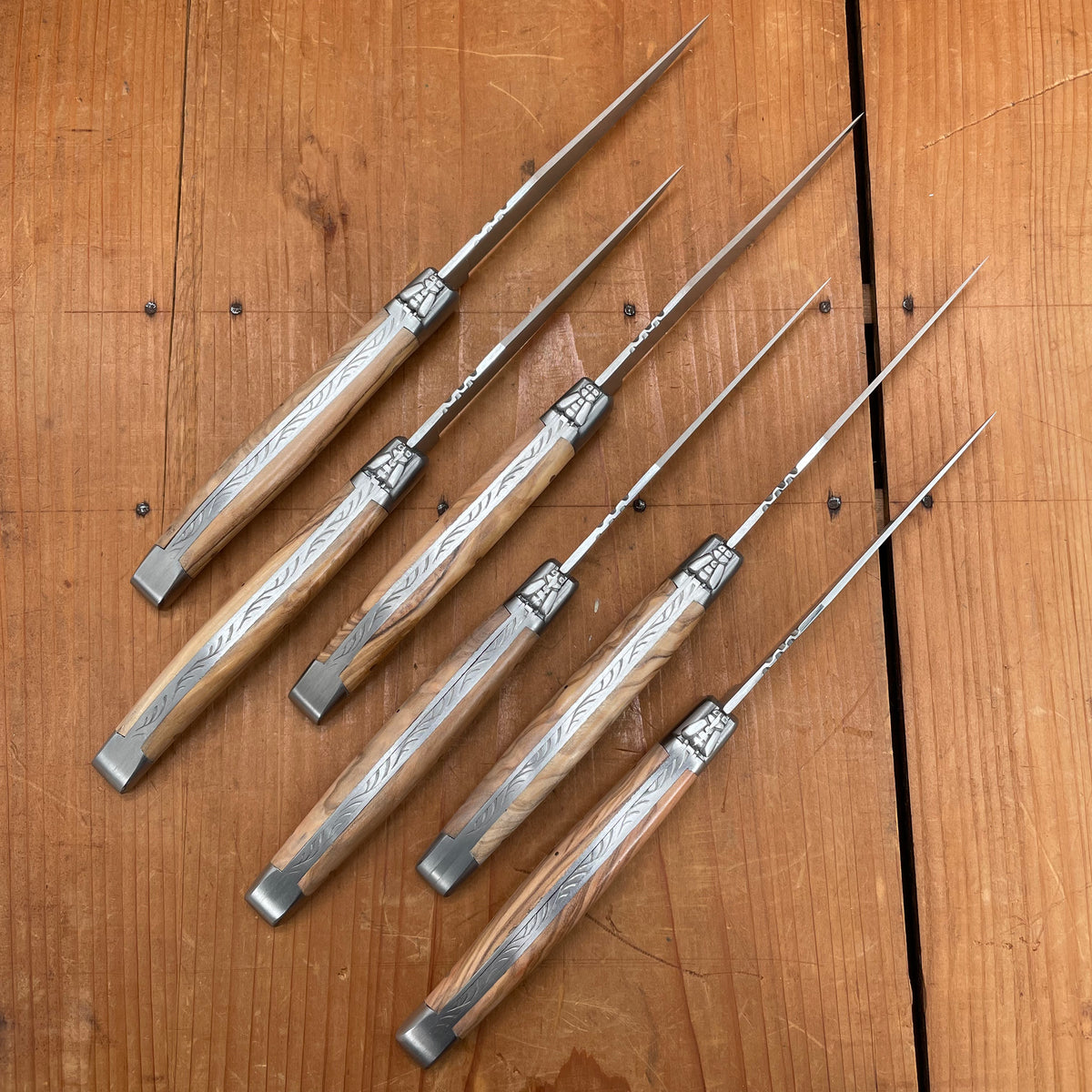 Au Sabot Laguiole Steak Knife Set Stainless Olive Handles with Oak Box - 6 Pieces