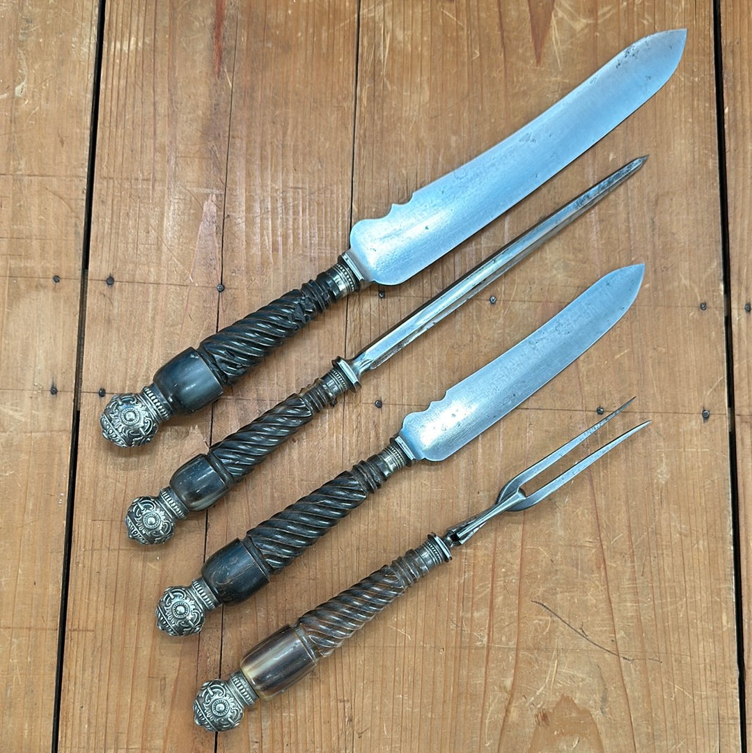 Frank Mills 4-Piece Carving Set Sheffield England Carbon Carved Horn Handles 1886s-1903
