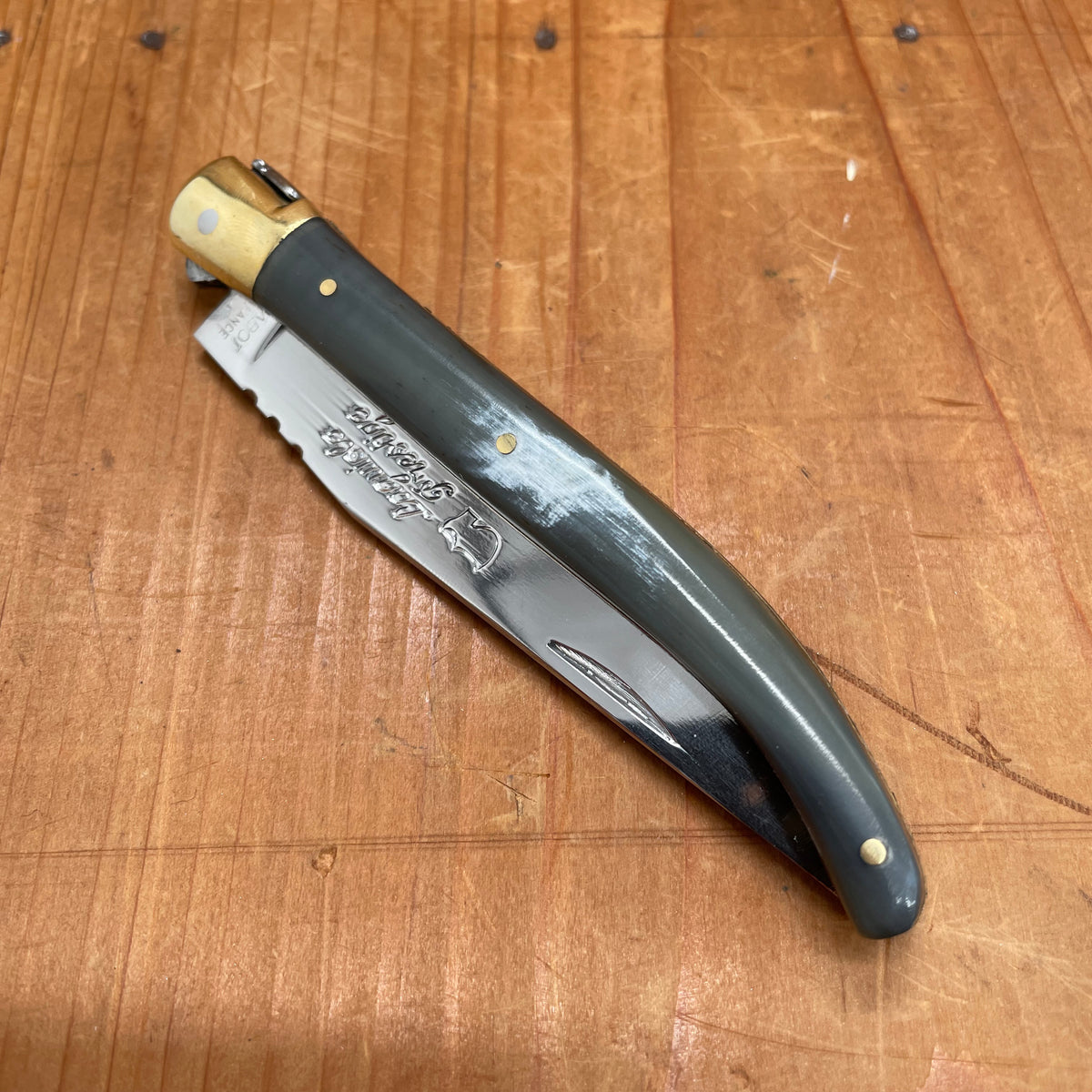 Au Sabot Laguiole 12cm Pocket Knife Straight Stainless Brass Bolstered Horn Handle
