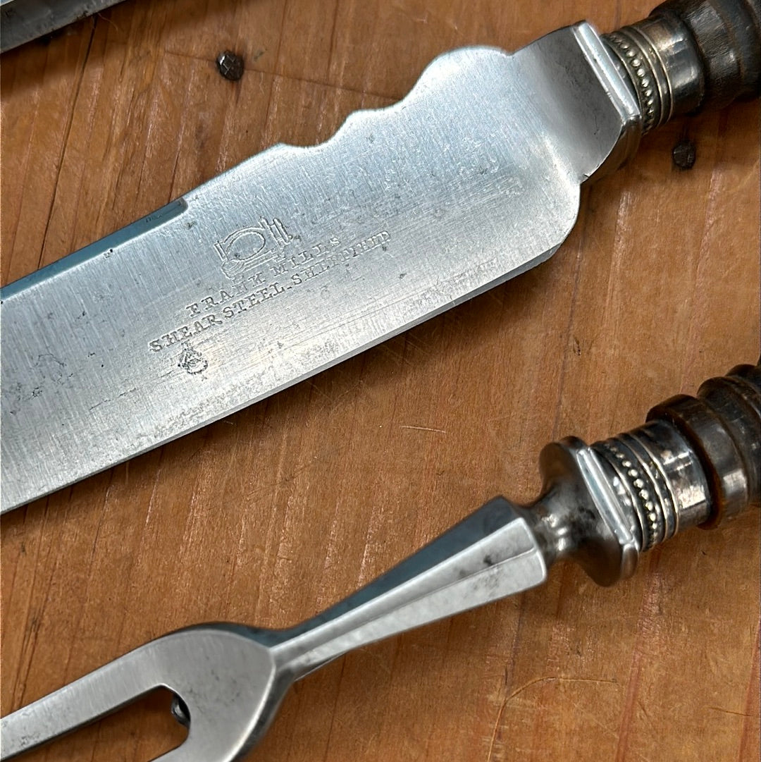 Frank Mills 4-Piece Carving Set Sheffield England Carbon Carved Horn Handles 1886s-1903