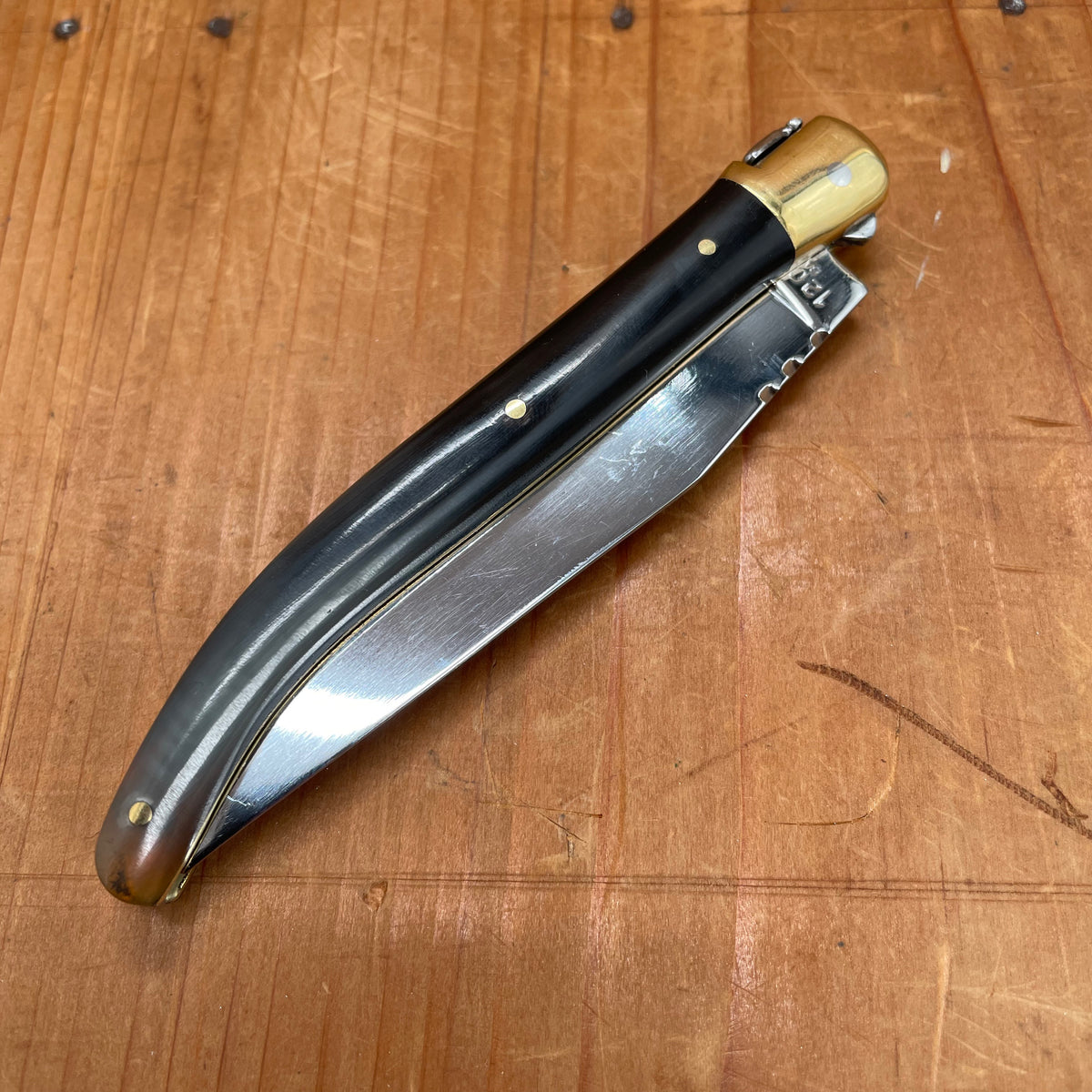 Au Sabot Laguiole 12cm Pocket Knife Straight Stainless Brass Bolstered Horn Handle