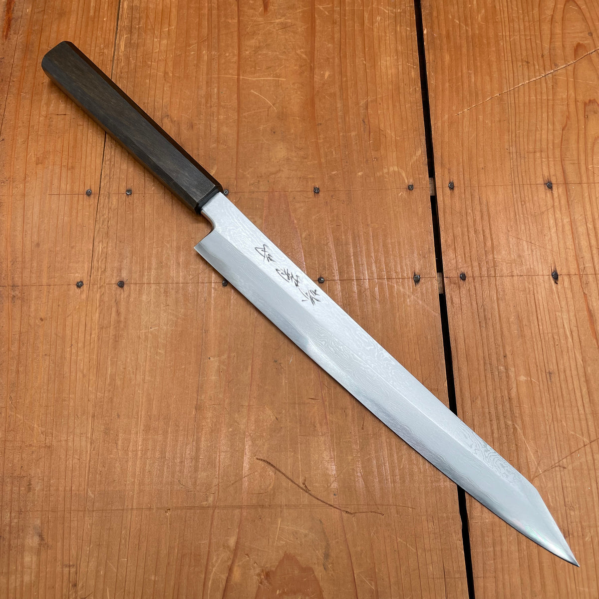Sakai Kikumori Nakagawa V10 270mm Kiritsuke Yanagi VG10 Damascus Oak Handle with Saya