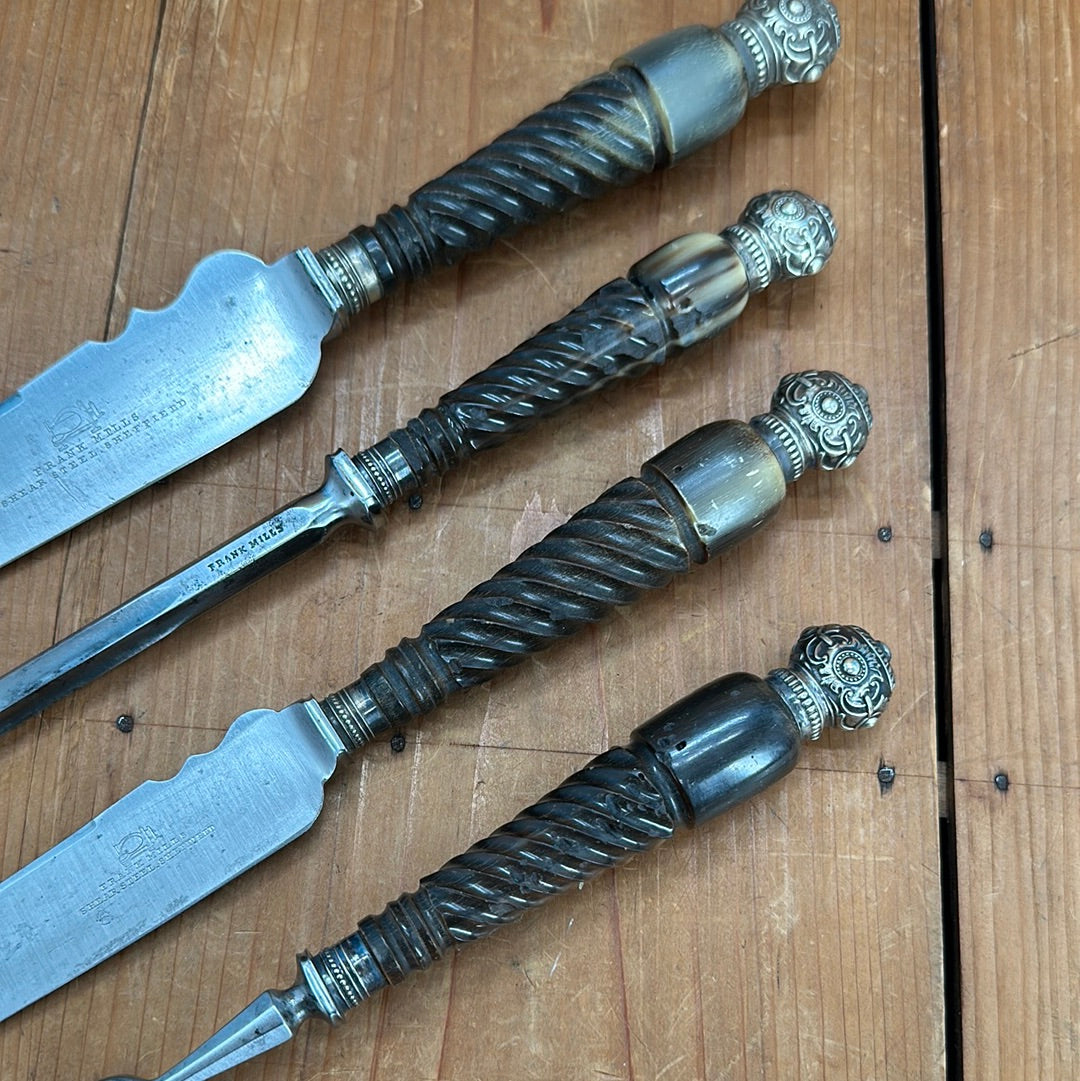 Frank Mills 4-Piece Carving Set Sheffield England Carbon Carved Horn Handles 1886s-1903