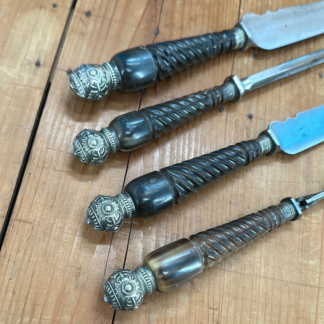 Frank Mills 4-Piece Carving Set Sheffield England Carbon Carved Horn Handles 1886s-1903
