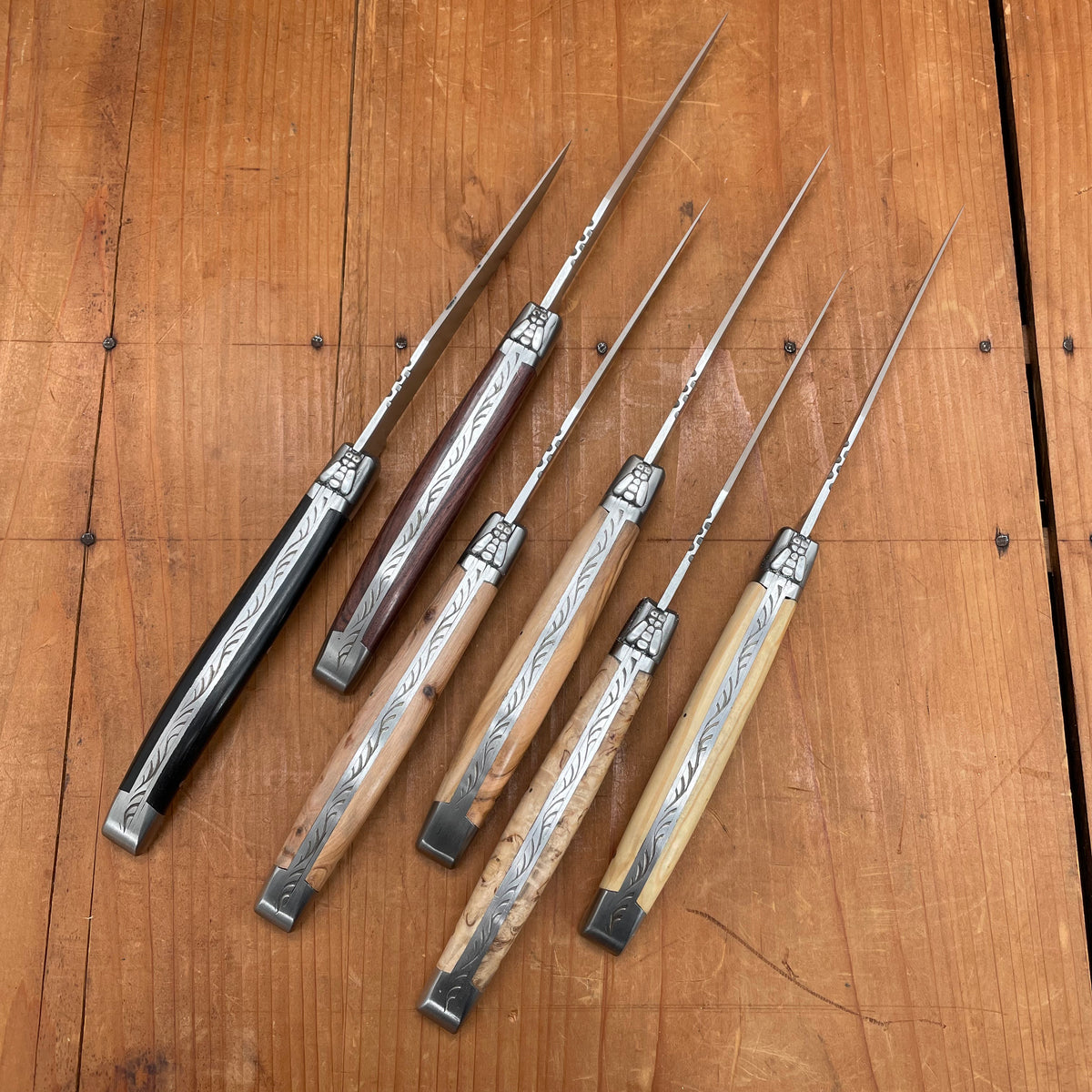 Au Sabot Laguiole Steak Knife Set Stainless Mixed Wood Handles with Oak Box - 6 Pieces