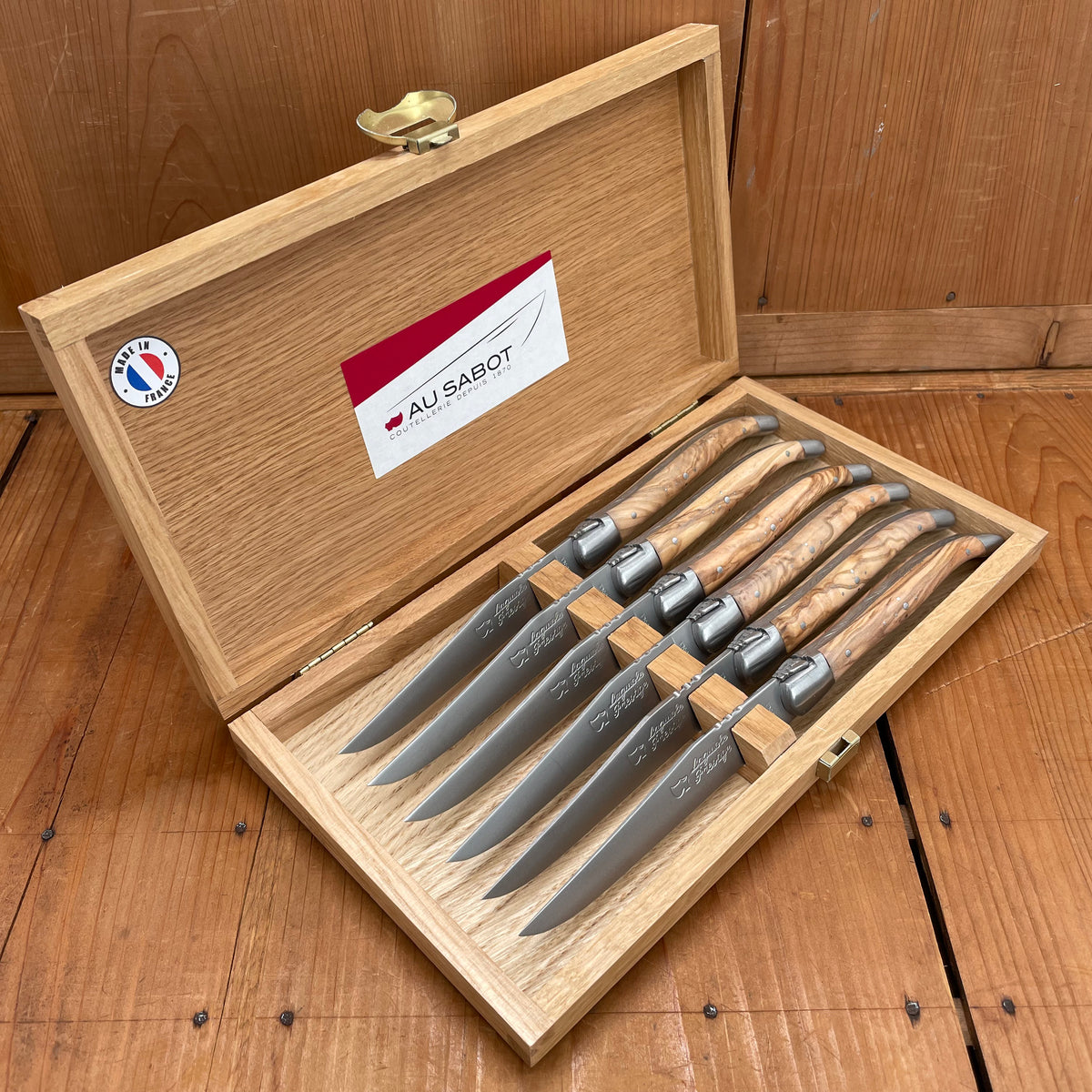 Au Sabot Laguiole Steak Knife Set 6 Olive In Oak Box