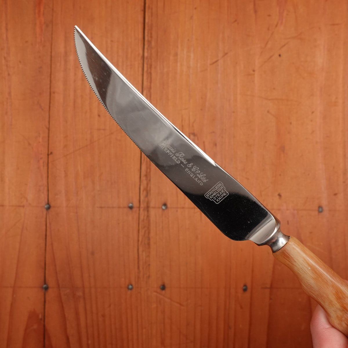 New Vintage Lewis, Rose and Co. Set of 5 Knives & Forks Stainless & Butterscotch Celluloid Sheffield 1930s-50s