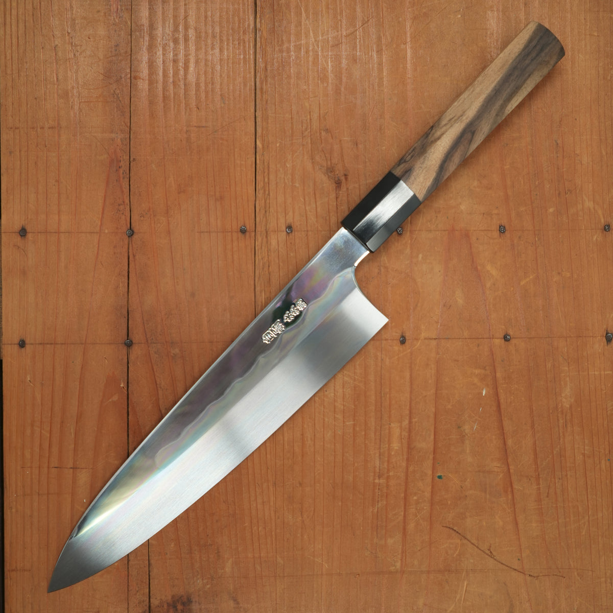 Hitohira Togashi 240mm Gyuto Shirogami 1 Mizu Honyaki Kurokaki Persimmon Handle with Saya