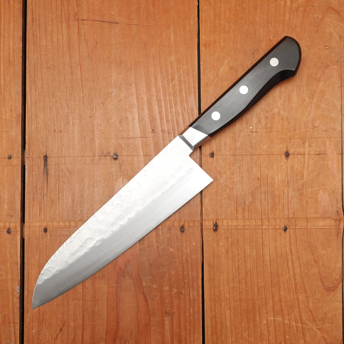 Hitohira Imojiya Kuma 180mm Santoku Aogami 2 Nashiji Tsuchime Western Handle