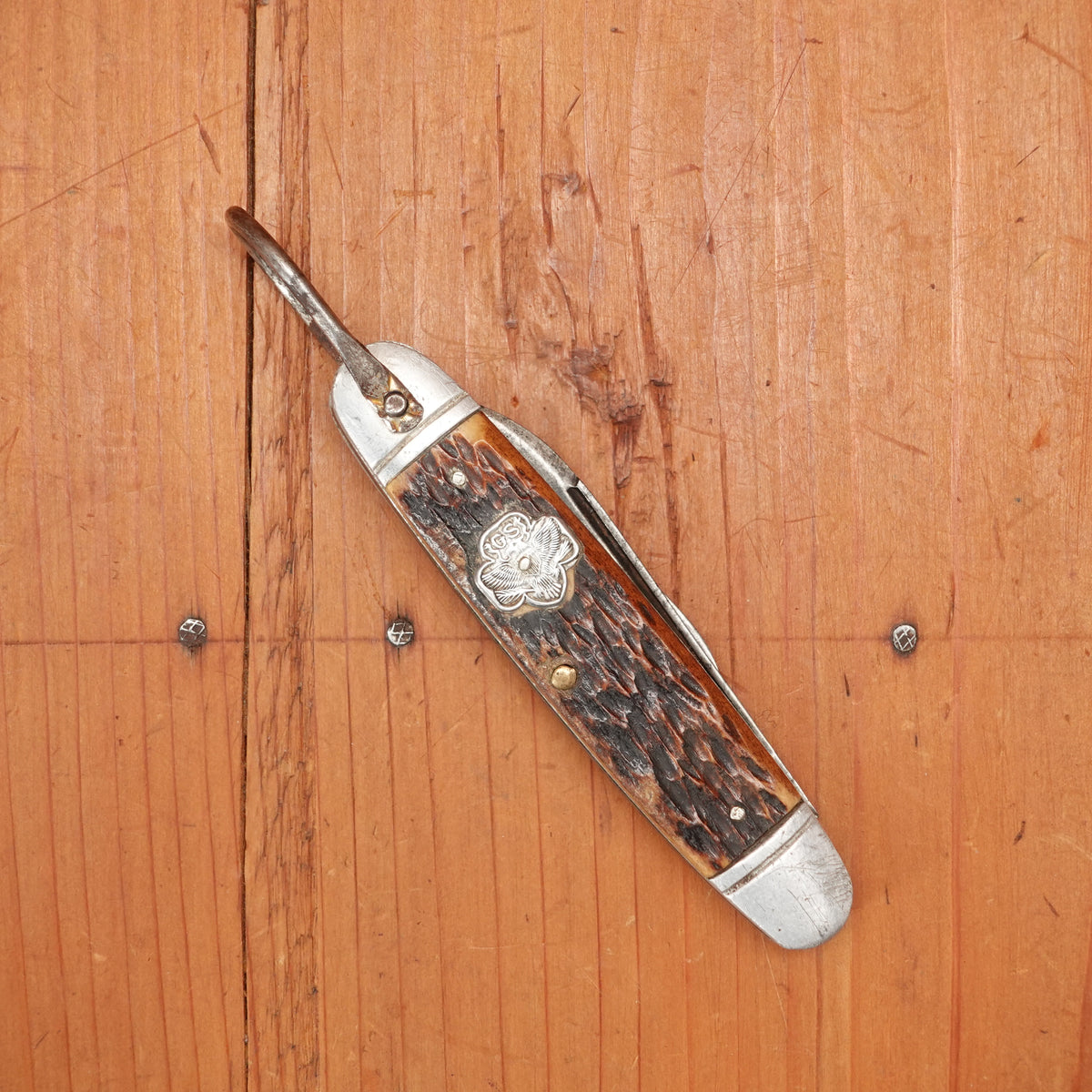 Vintage Utica Featherweight 3 3/8" Bone 2 Blade Girl Scouts Knife 1948-56