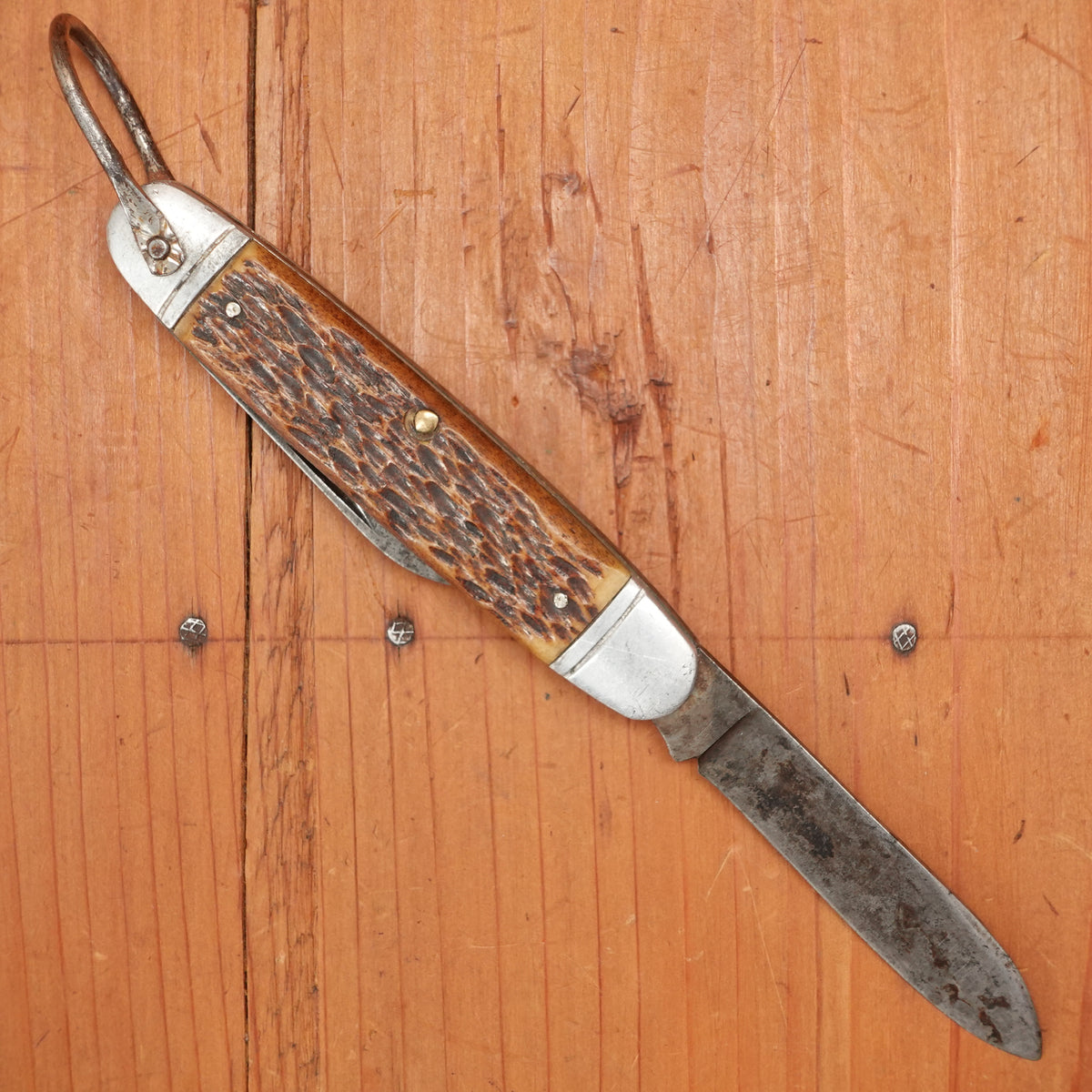 Vintage Utica Featherweight 3 3/8" Bone 2 Blade Girl Scouts Knife 1948-56