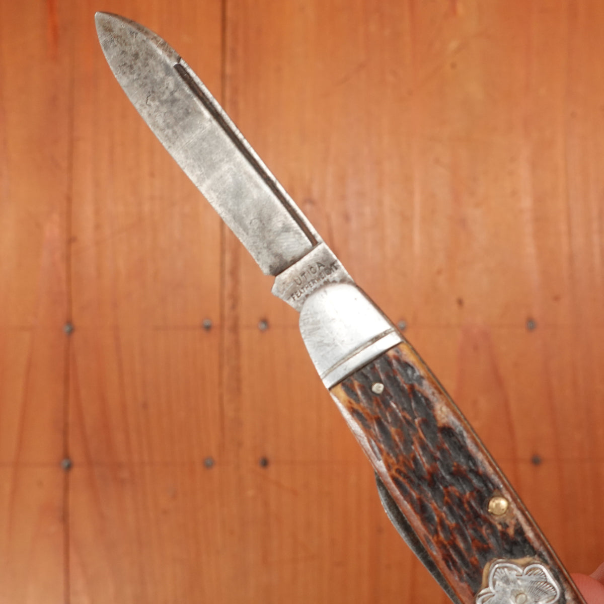 Vintage Utica Featherweight 3 3/8" Bone 2 Blade Girl Scouts Knife 1948-56