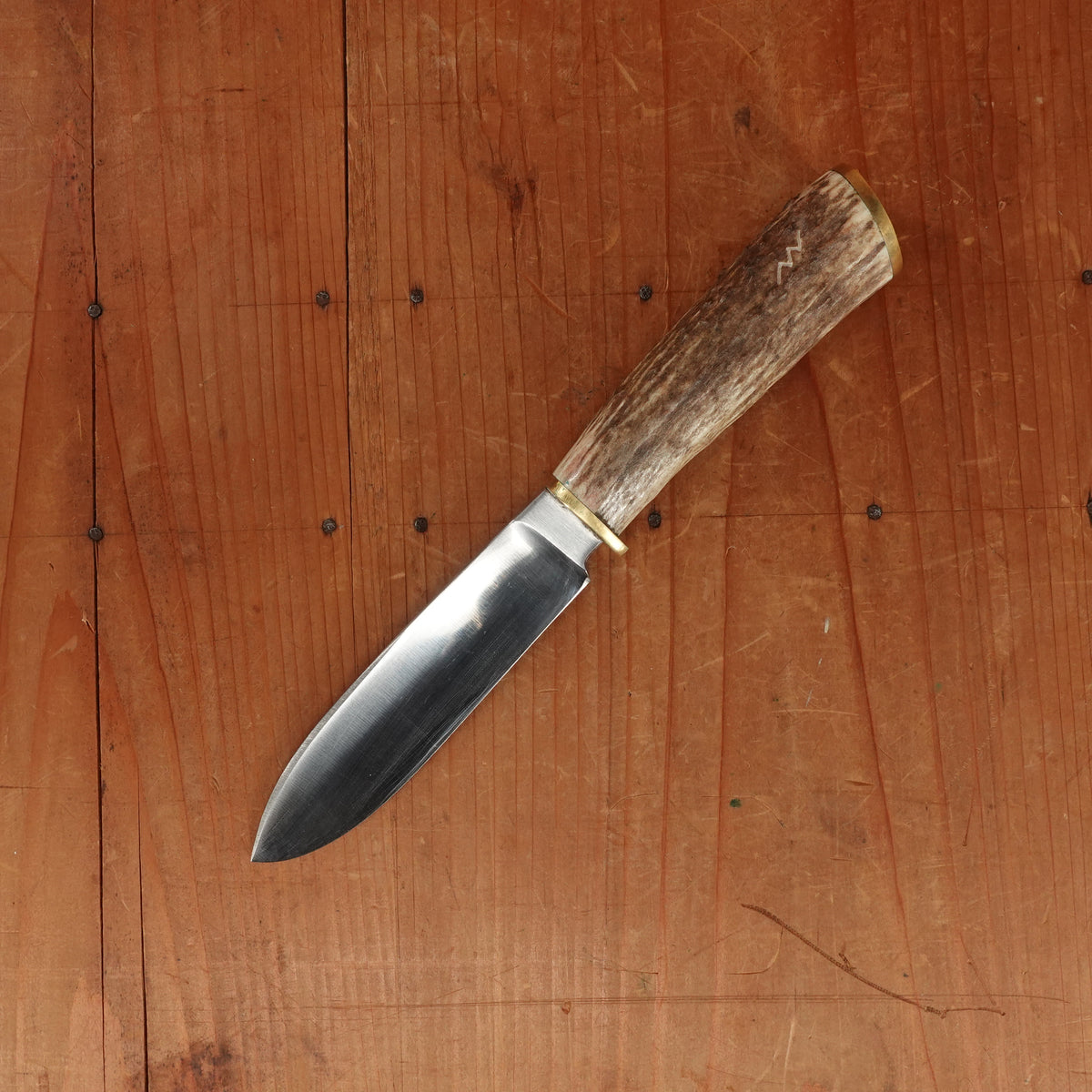 Unidentified Custom Belt Knife 5" Stainless Blade Stag & Brass Original Sheath