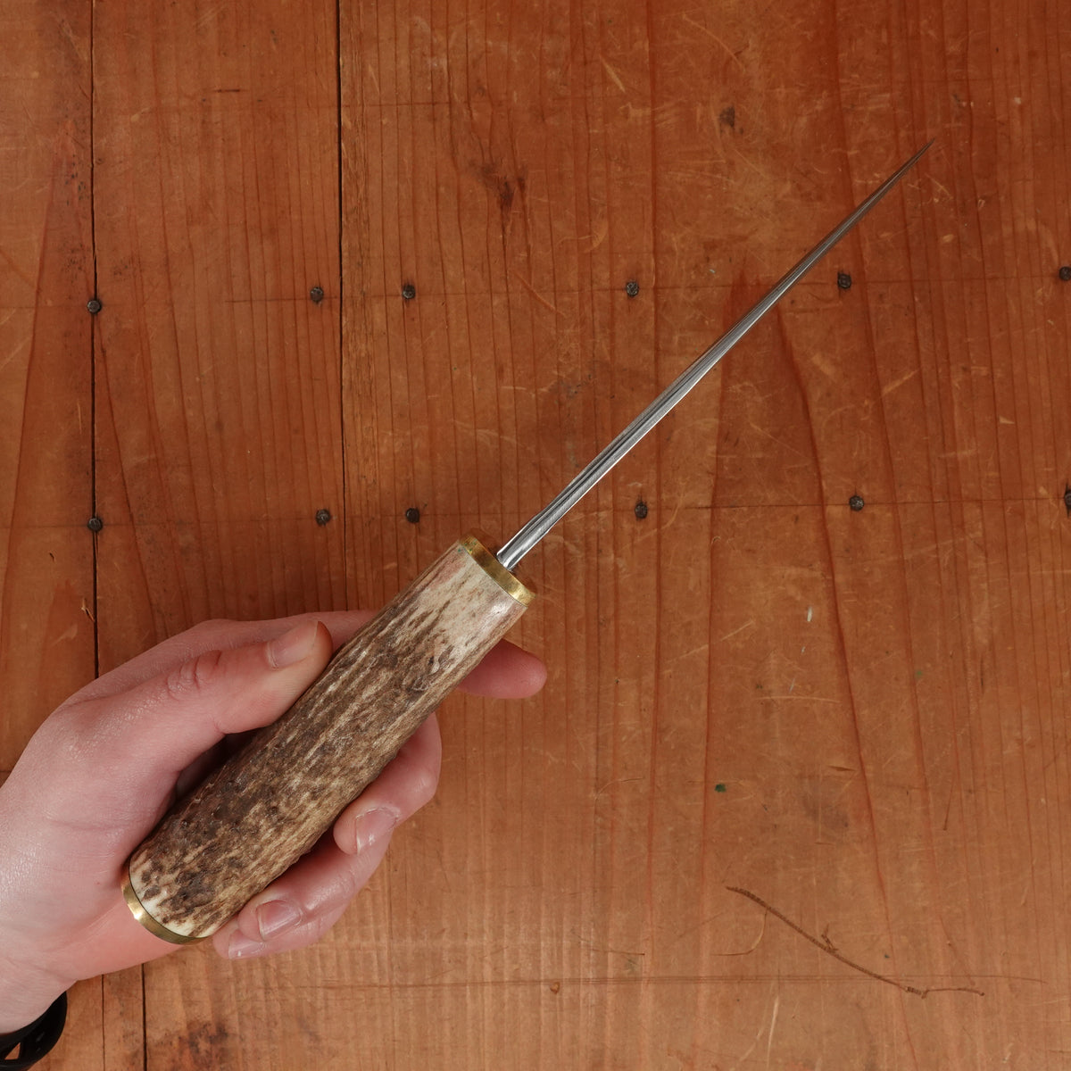 Unidentified Custom Belt Knife 5" Stainless Blade Stag & Brass Original Sheath