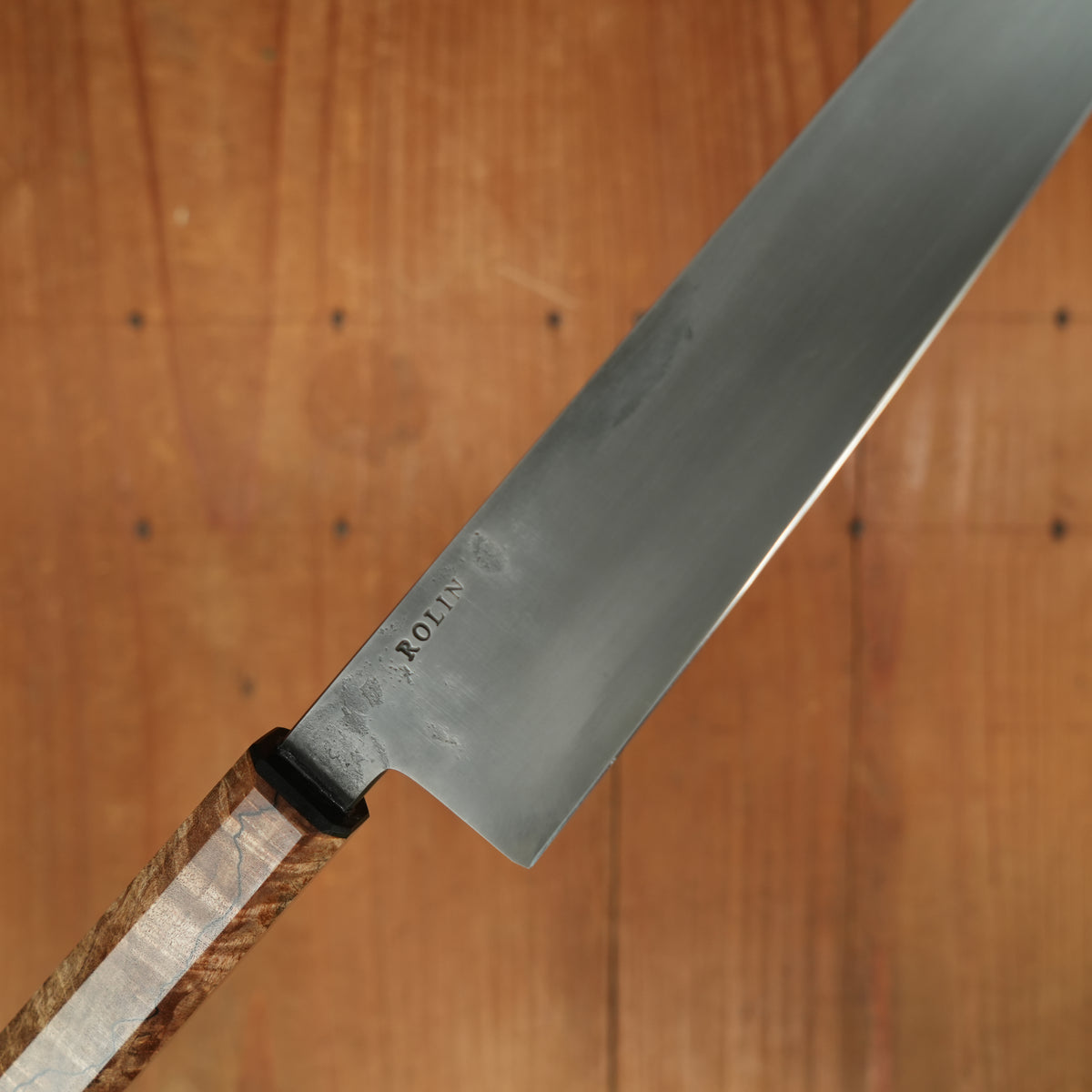 Rolin Knives 210mm Gyuto Lohman Carbon Kurouchi Spalted Maple & Black G10 with Saya