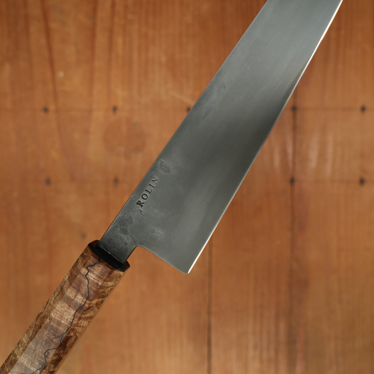 Rolin Knives 210mm Gyuto Lohman Carbon Kurouchi Spalted Maple & Black G10 with Saya
