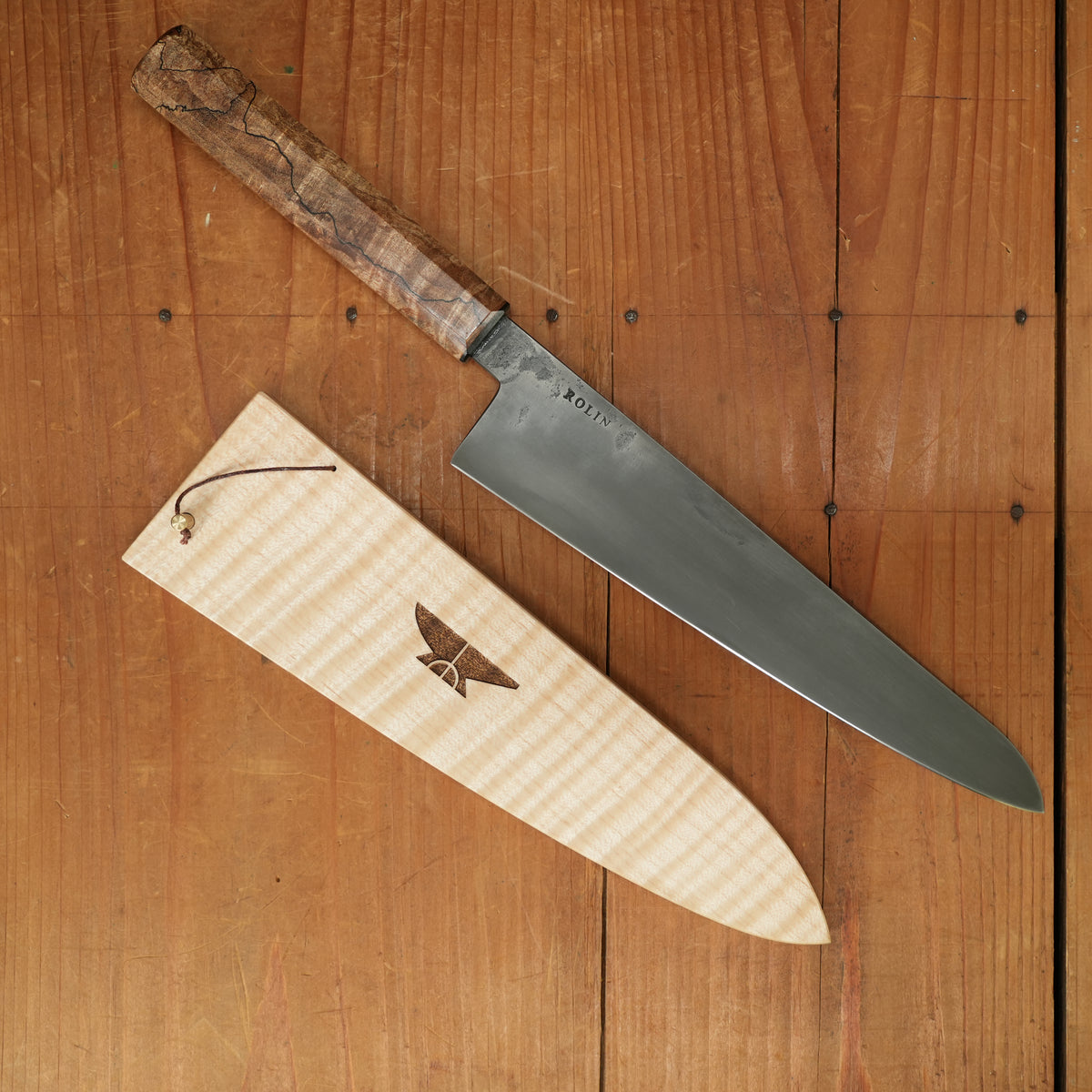 Rolin Knives 210mm Gyuto Lohman Carbon Kurouchi Spalted Maple & Black G10 with Saya