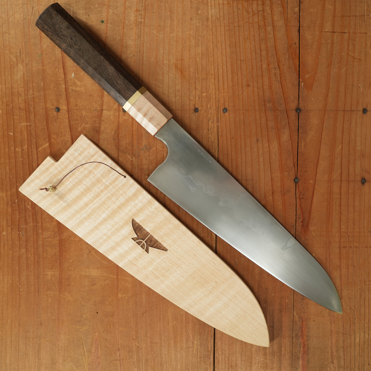 Rolin Knives Honyaki 200mm W2 Curly Walnut & Maple with Brass