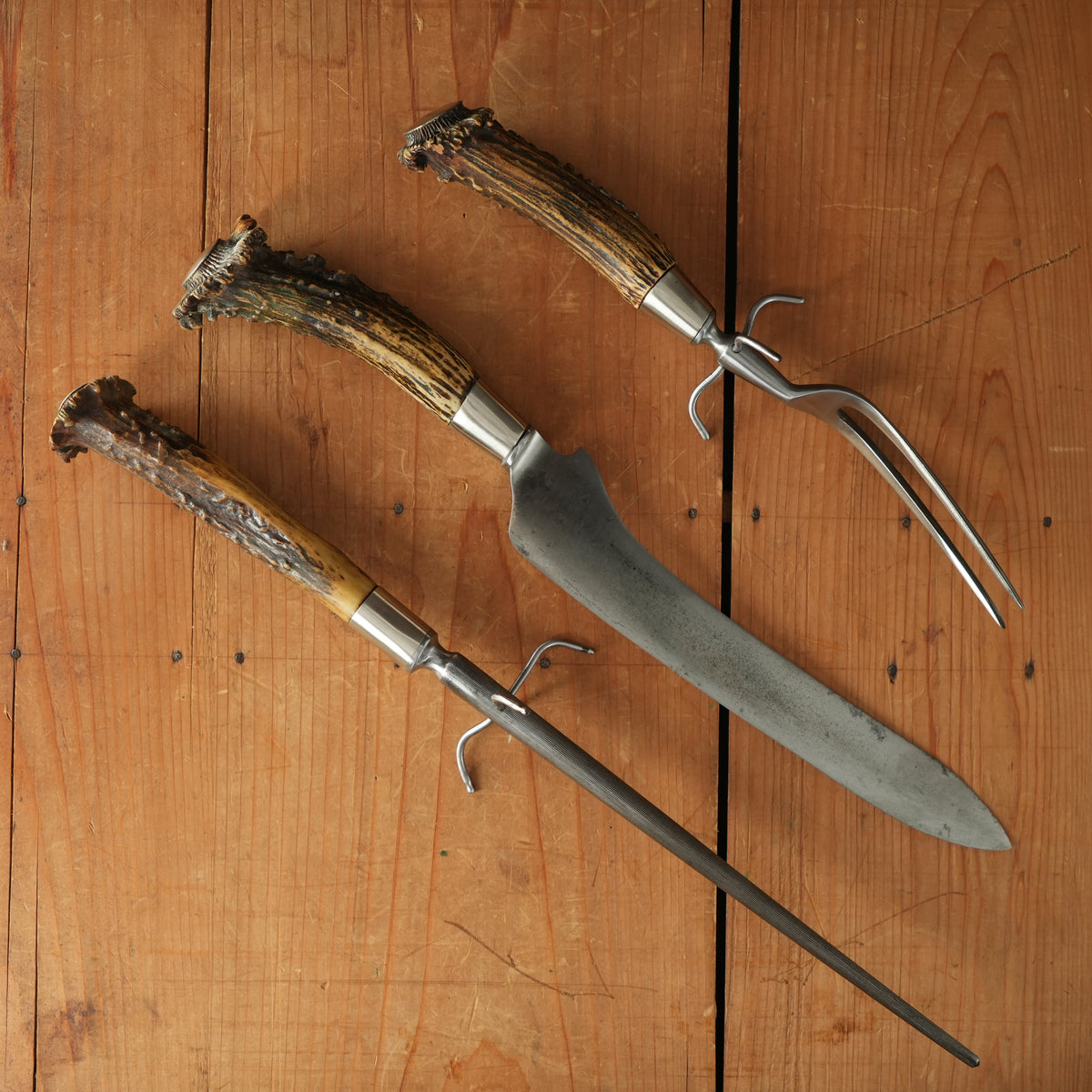 Will & Finck Buckhorn Carving Set Crown Stag German Silver Ferrules San Francisco, CA 1863-1906 - 3 Pieces