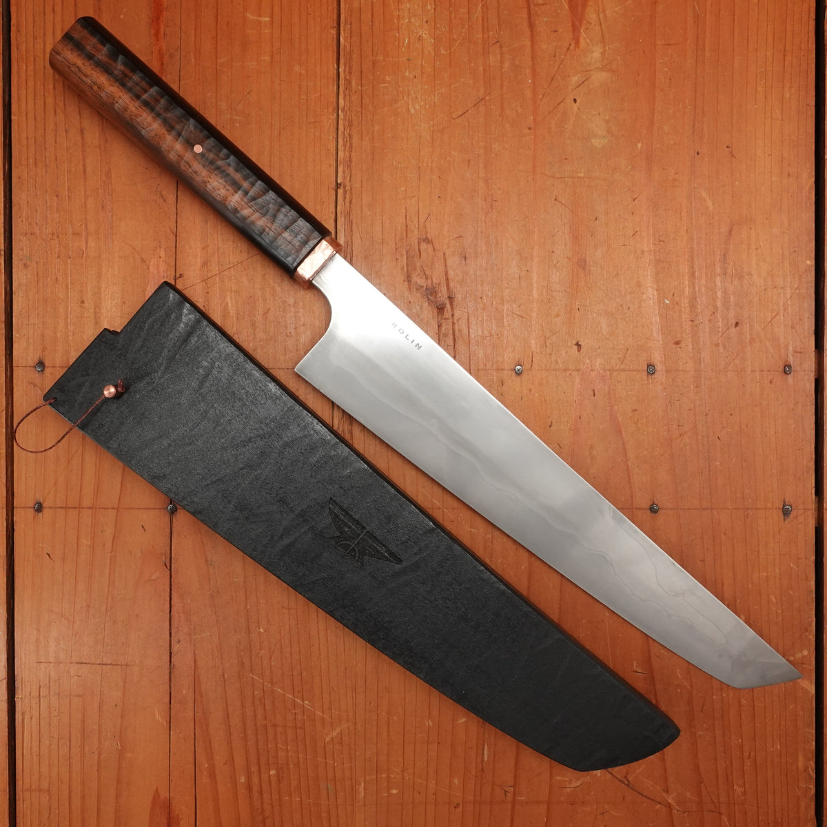Rolin Knives Honyaki 250mm Sakimaru Sujihiki W2 Textured Ebony & Copper with Saya