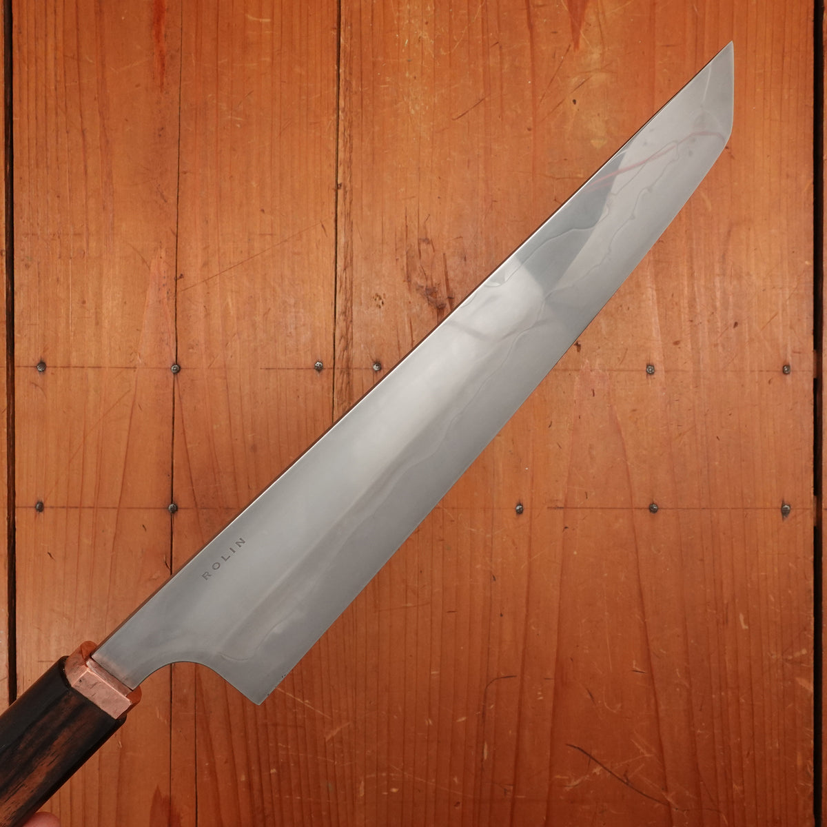 Rolin Knives Honyaki 250mm Sakimaru Sujihiki W2 Textured Ebony & Copper with Saya
