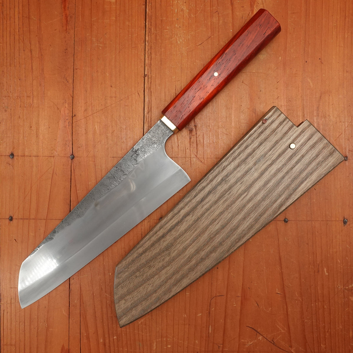 Rolin Knives Honyaki 200mm Bunka 26c3 Forge Finish Padauk & Textured Brass with Saya