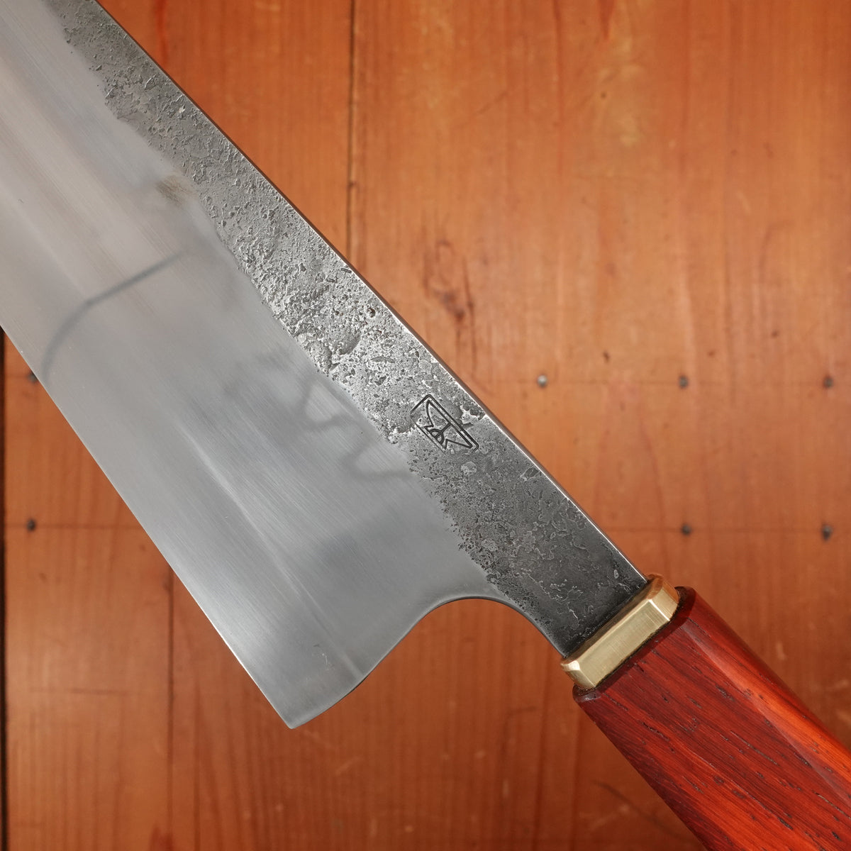 Rolin Knives Honyaki 200mm Bunka 26c3 Forge Finish Padauk & Textured Brass with Saya