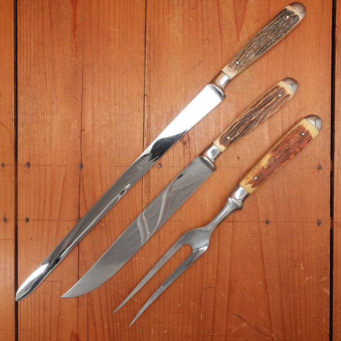 Anton Wingen Jr 3 Pc Carving Set Slicer Ham/Salmon & Fork Stainless Stag Solingen 1950s-60s