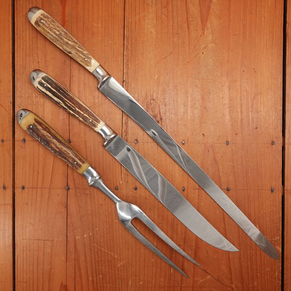Anton Wingen Jr 3 Pc Carving Set Slicer Ham/Salmon & Fork Stainless Stag Solingen 1950s-60s