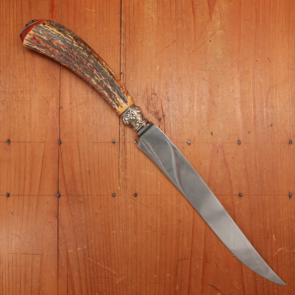 Landers Frary & Clark Aetna Works 9" Carving Knife Carbon Steel Large Sterling Ferrule Stag ~1880's-1910's