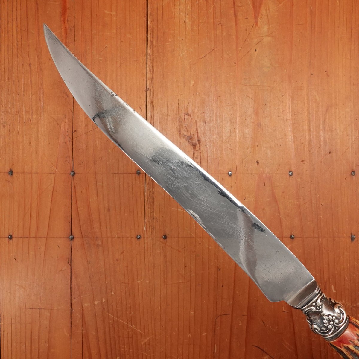 Landers Frary & Clark Aetna Works 9" Carving Knife Carbon Steel Large Sterling Ferrule Stag ~1880's-1910's