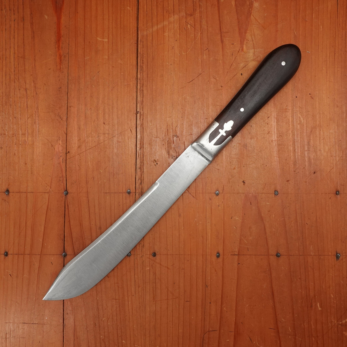 Unmarked 8" Hunting / Carving Knife Hand Forged Carbon Steel Hardwood Handle Cast Pewter Bolster USA ~1850-90