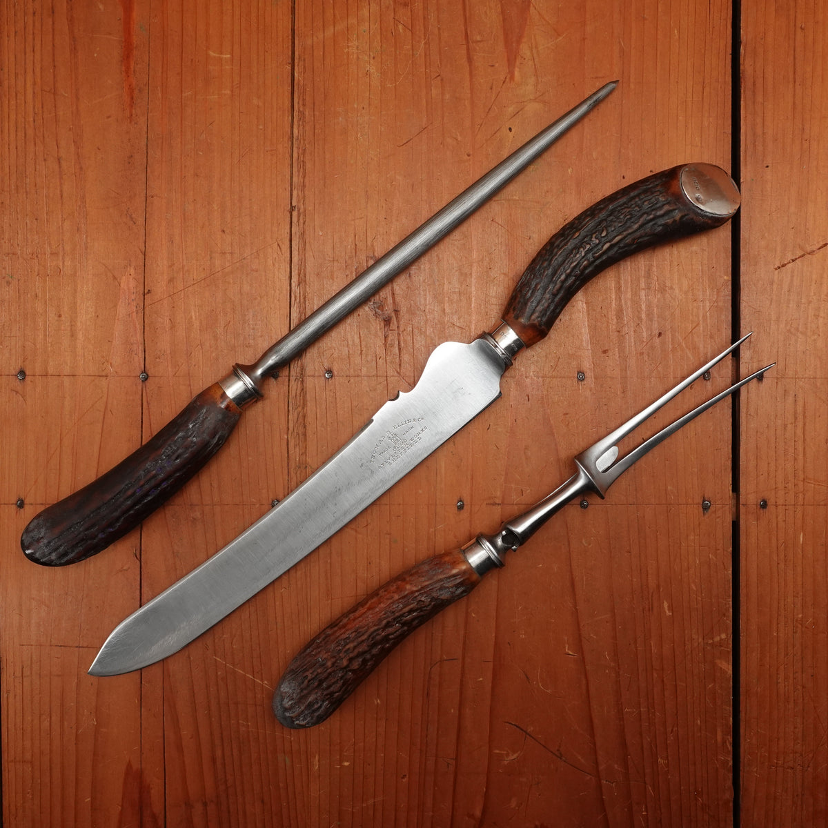 Thomas Ellin & Co Vulcan Carving Set Carbon Stag & Sterling Handles with Box Sylvester Works Sheffield, England 1912 - 3 Pieces