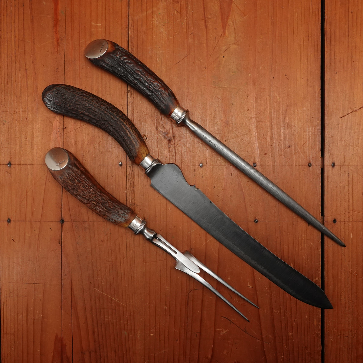 Thomas Ellin & Co Vulcan Carving Set Carbon Stag & Sterling Handles with Box Sylvester Works Sheffield, England 1912 - 3 Pieces