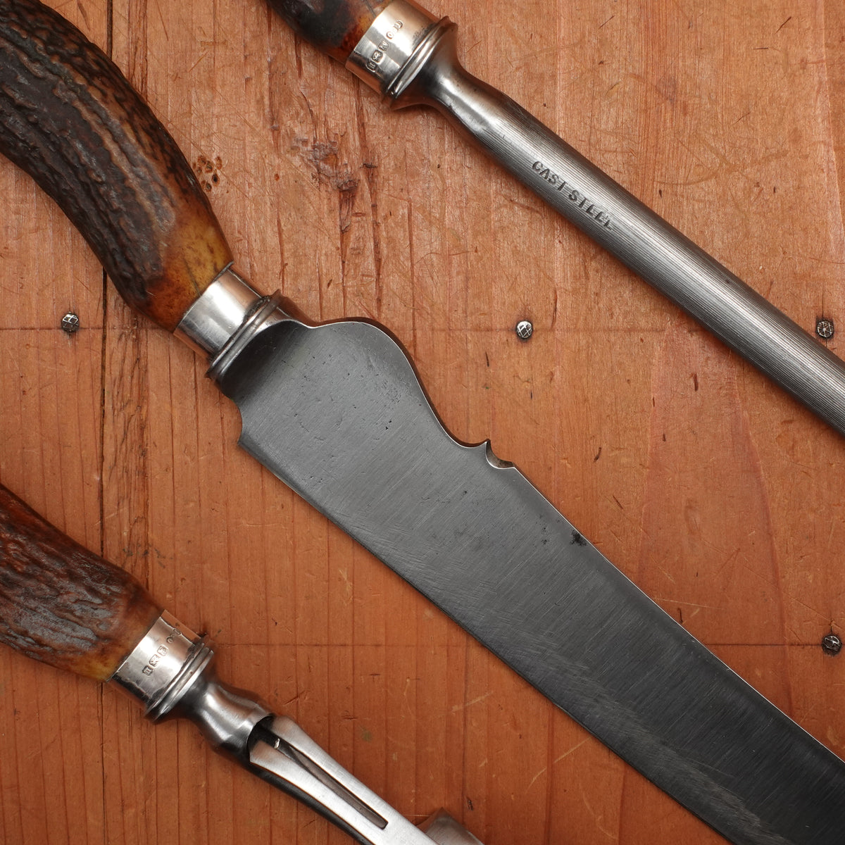 Thomas Ellin & Co Vulcan Carving Set Carbon Stag & Sterling Handles with Box Sylvester Works Sheffield, England 1912 - 3 Pieces