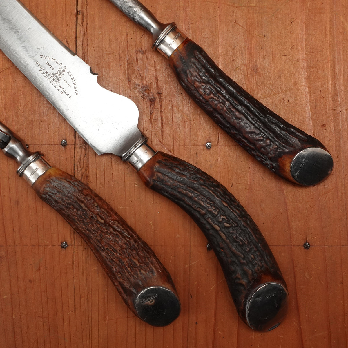 Thomas Ellin & Co Vulcan Carving Set Carbon Stag & Sterling Handles with Box Sylvester Works Sheffield, England 1912 - 3 Pieces