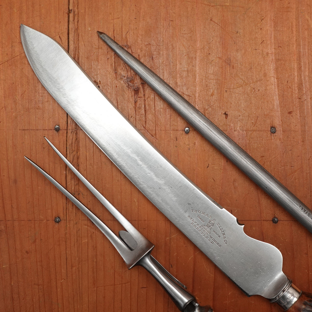 Thomas Ellin & Co Vulcan Carving Set Carbon Stag & Sterling Handles with Box Sylvester Works Sheffield, England 1912 - 3 Pieces