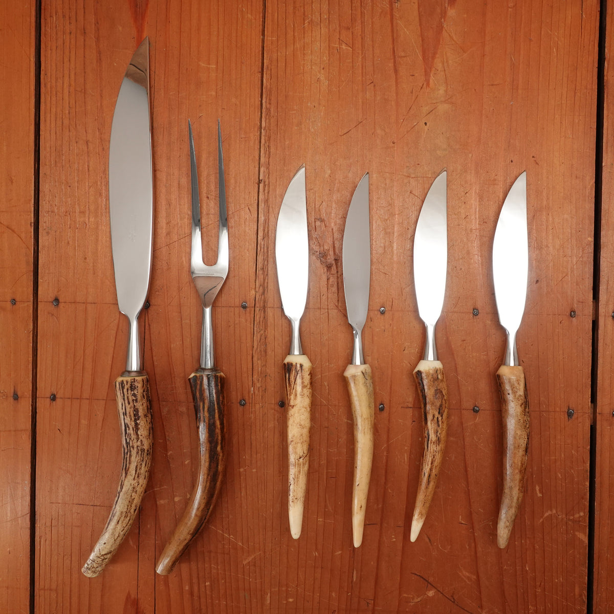 Anton Wingen Jr 6 Pc Carving & Steak Knife Set Stainless & Stag Solingen 1960s 70s
