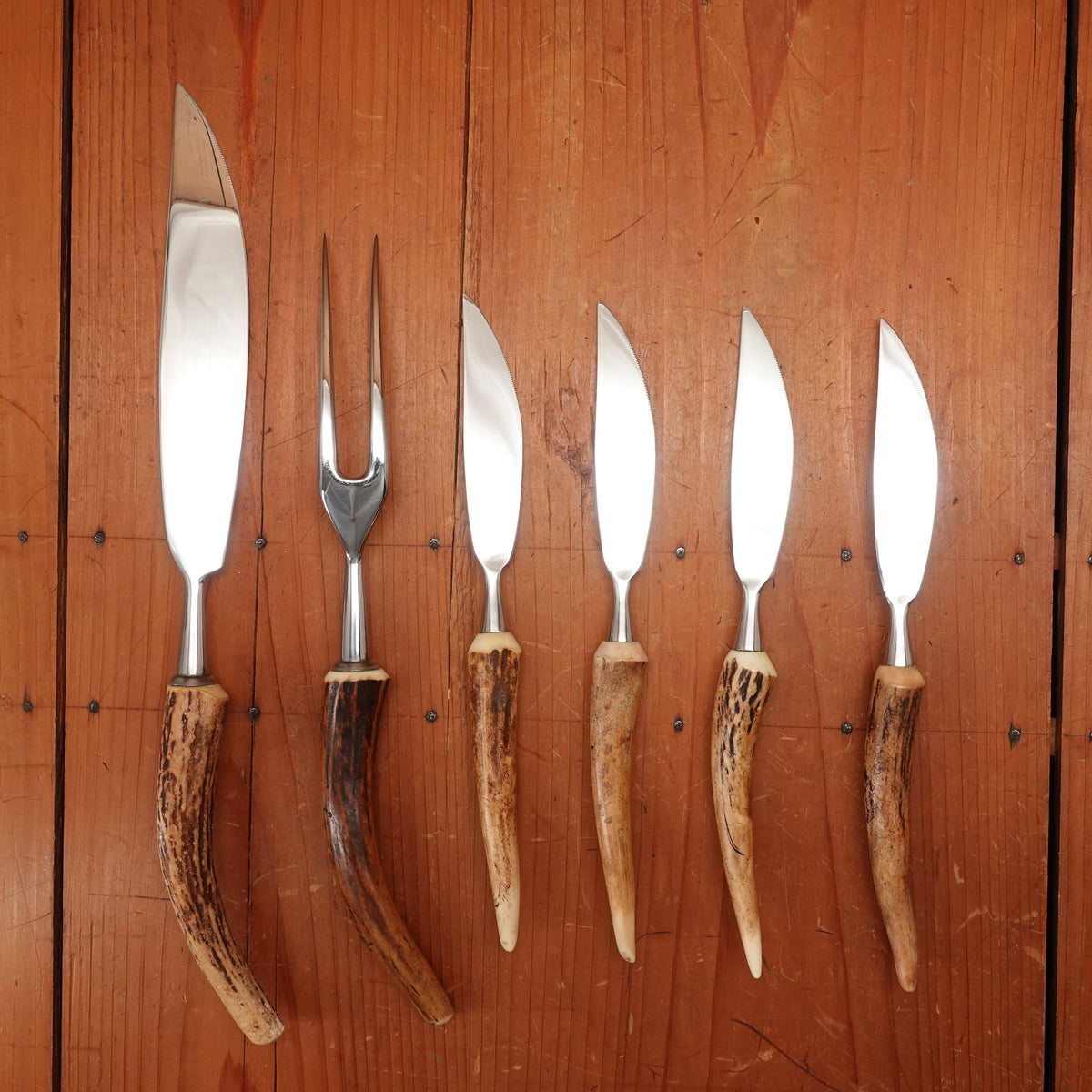 Anton Wingen Jr 6 Pc Carving & Steak Knife Set Stainless & Stag Solingen 1960s 70s