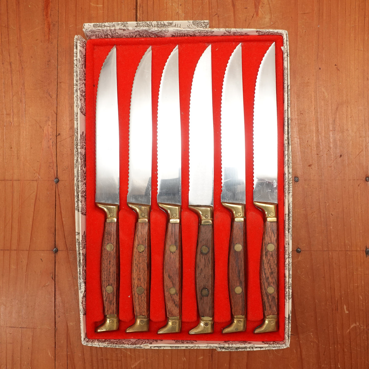 Rowoco set of 6 Steak Knives Stainless Brass Rosewood France 1960s 70s