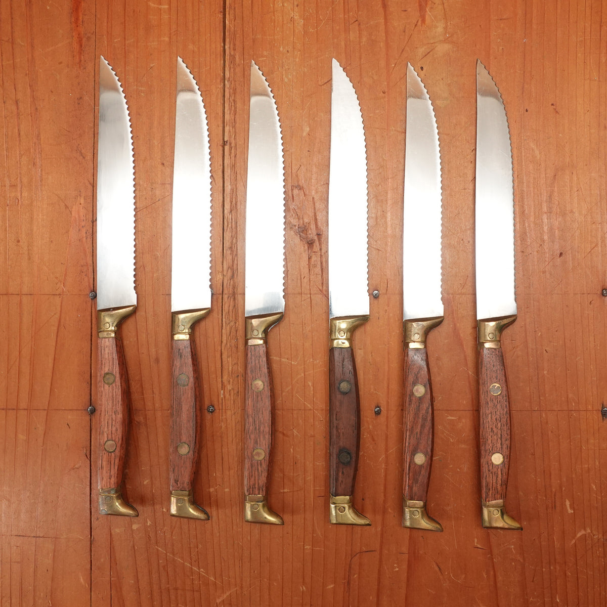 Rowoco set of 6 Steak Knives Stainless Brass Rosewood France 1960s 70s