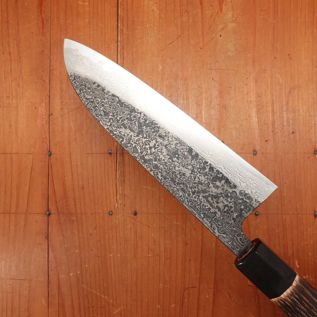 New Old Stock Yoshikane 180mm Wa-Santoku SLD Suminagashi Damascus with New Burnt Chestnut Handle