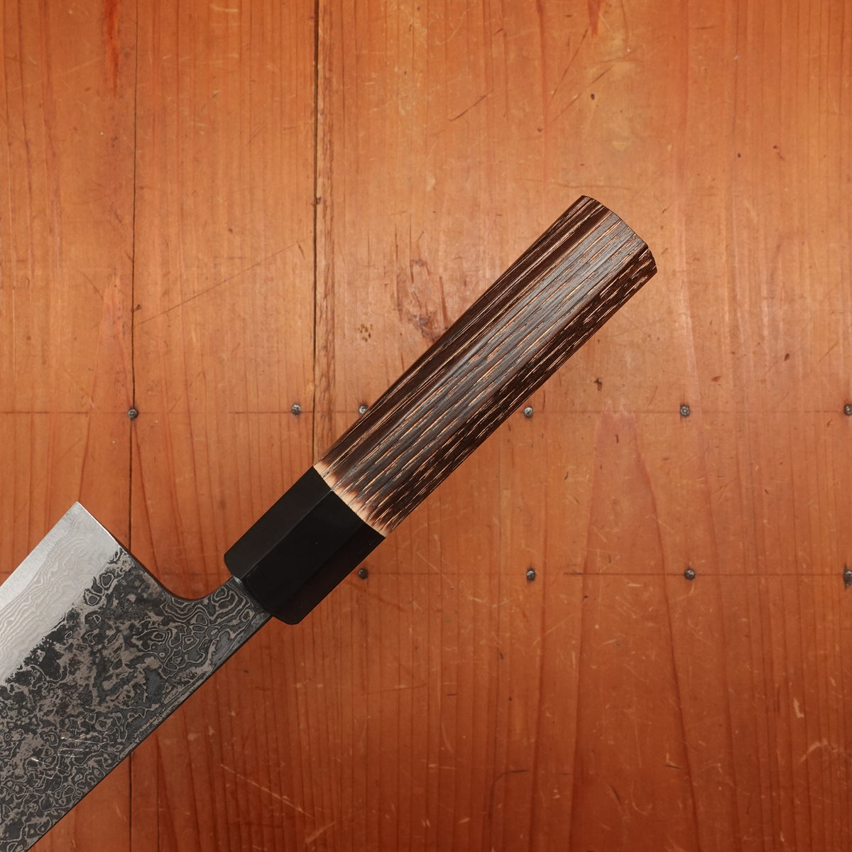 New Old Stock Yoshikane 180mm Wa-Santoku SLD Suminagashi Damascus with New Burnt Chestnut Handle