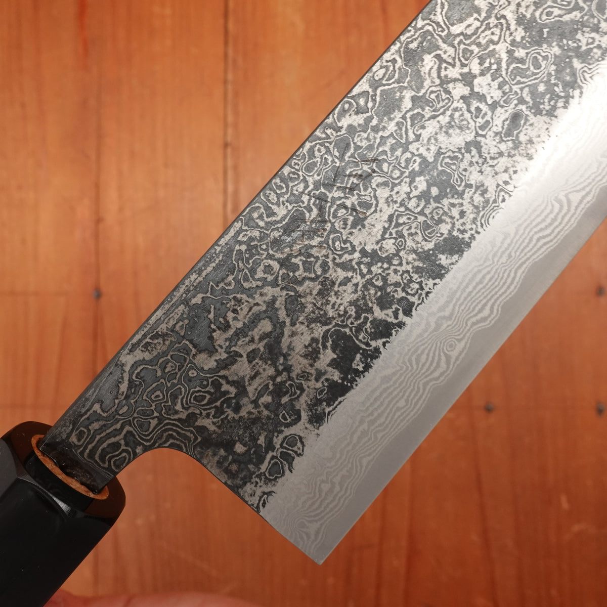 New Old Stock Yoshikane 180mm Wa-Santoku SLD Suminagashi Damascus with New Burnt Chestnut Handle