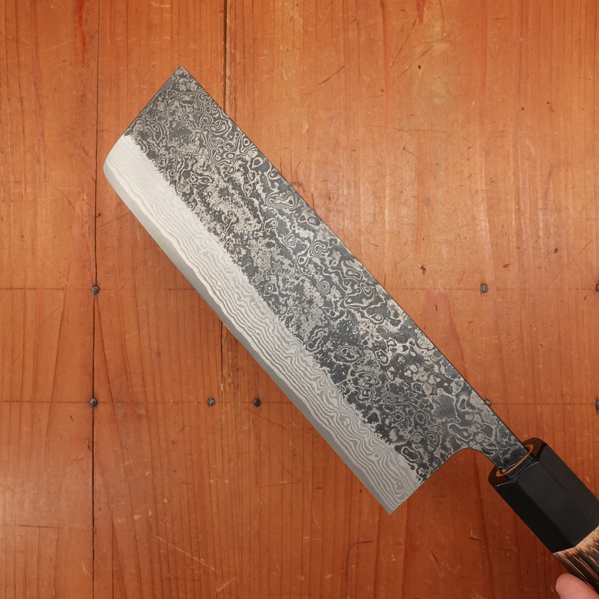 New Old Stock Yoshikane 165mm Wa-Nakiri SLD Suminagashi Damascus with New Burnt Chestnut Handle