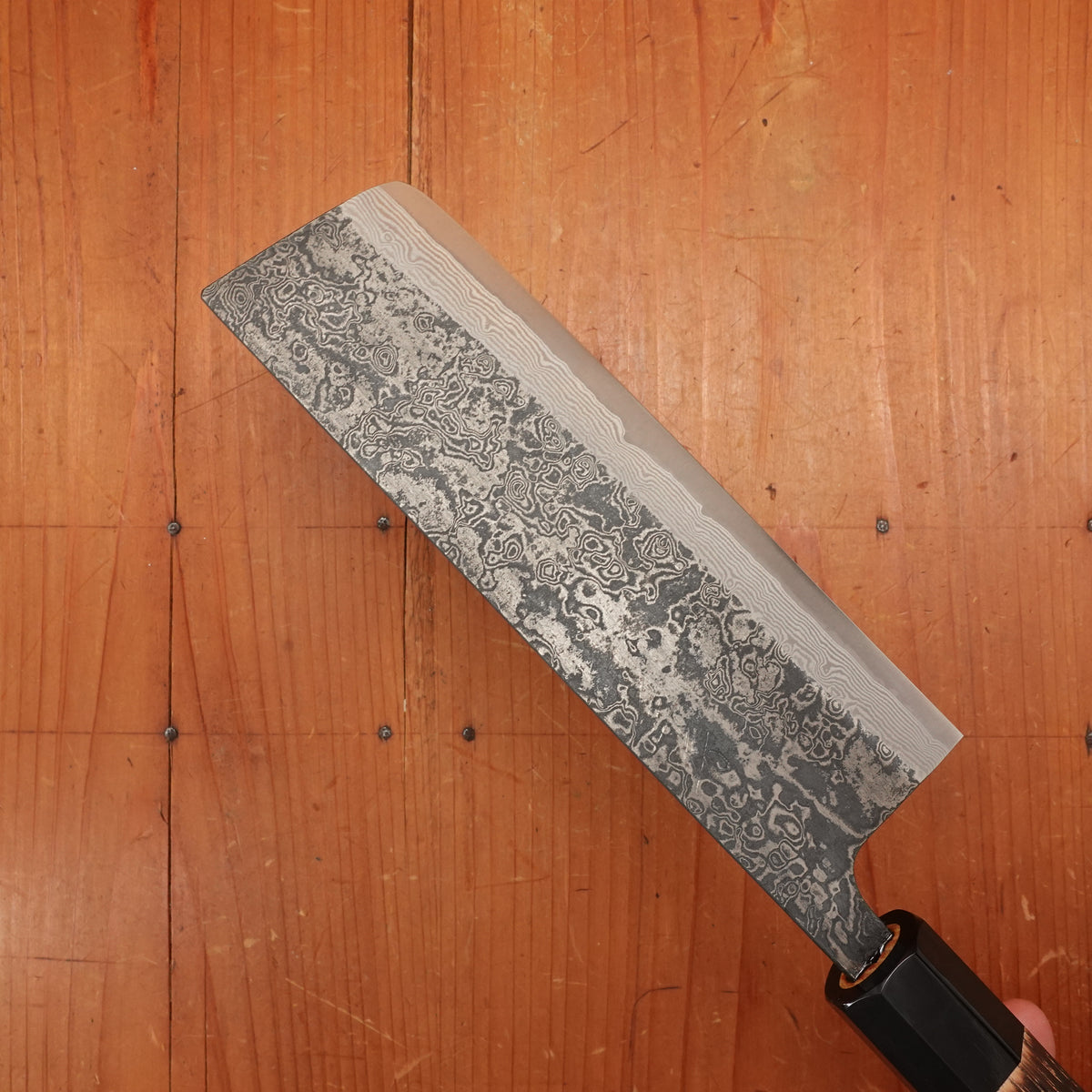 New Old Stock Yoshikane 165mm Wa-Nakiri SLD Suminagashi Damascus with New Burnt Chestnut Handle