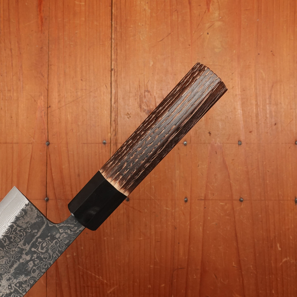 New Old Stock Yoshikane 165mm Wa-Nakiri SLD Suminagashi Damascus with New Burnt Chestnut Handle