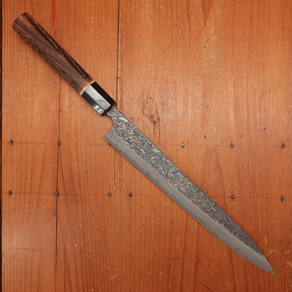 New Old Stock Yoshikane 240mm Sujihiki SLD Suminagashi Blade New Burnt Chestnut Handle